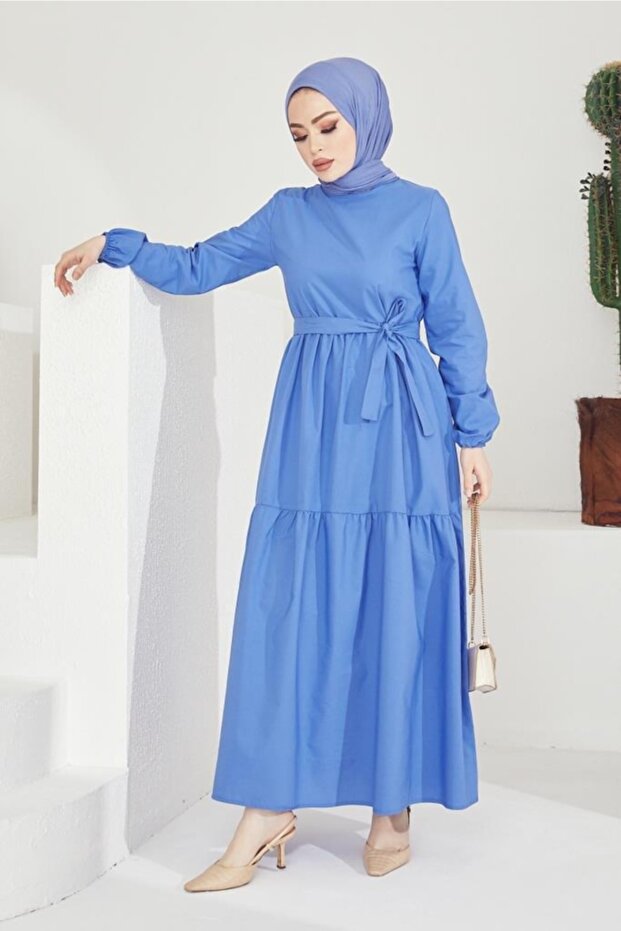 411 Zero Collar Waist Belted Hijab Dress