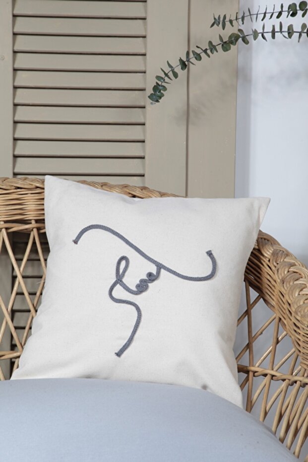 Boho Throw Pillow Case with Hat Women's Line Art Cream, Single Line Art, Minimalist Drawing 42x42 Cm