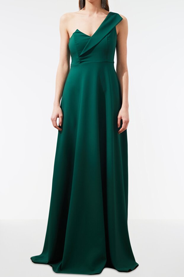 Smaragdově zelené dlouhé večerní večerní šaty s výstřihem do A TPRSS19UT0054 - 9