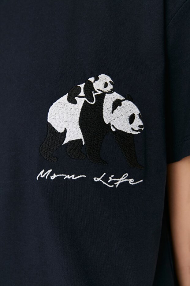 Lacivert %100 Pamuklu Panda Baskılı Bol Kalıp Şortlu Örme Pijama Takımı THMSS22PT00005 - 4