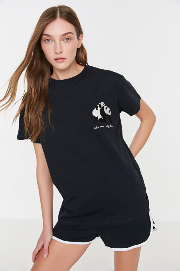 Lacivert %100 Pamuklu Panda Baskılı Bol Kalıp Şortlu Örme Pijama Takımı THMSS22PT00005 - 2