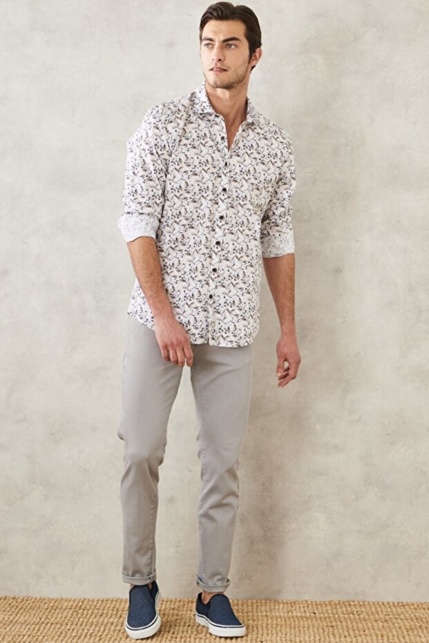 Erkek Beyaz-bordo Slim Fit Dar Kesim Italyan Yaka %100 Pamuk Baskılı Gömlek - 2