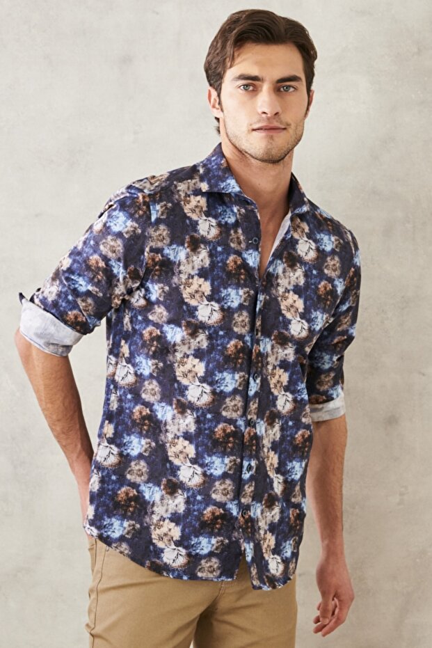 Men's Navy Blue Slim Fit Narrow Cut Italian Collar Printed Shirt