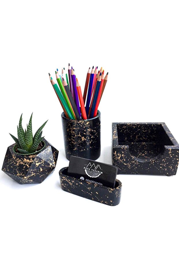 Marble Effect Concrete Office Set Pen Holder Flower Pot Memo Pad Holder Business Card Holder Cactus