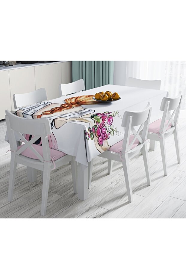 Modern Decorative Stain-Proof Tablecloth with Flower Girl Drawing-120x140 Cm