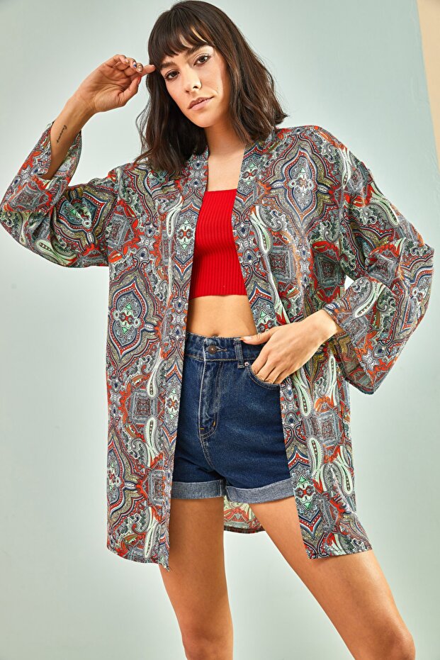 Women's Aqua Green Multi Patterned Kimono 30901004