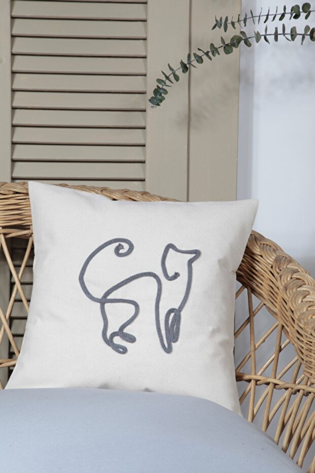Boho Throw Pillow Cover Cat Line Art Cream, Single Line Art, Minimalist Drawing 42X42 cm