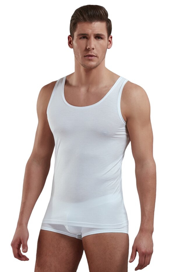 قميص داخلي رجالي ذو لون سادة وياقة واسعة 2000 باللون الأبيض - 1