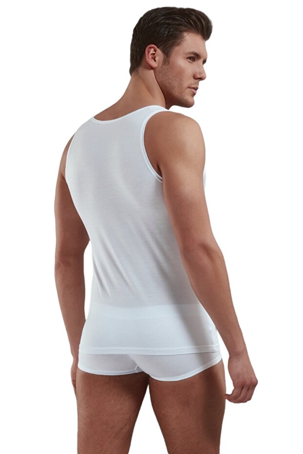 قميص داخلي رجالي ذو لون سادة وياقة واسعة 2000 باللون الأبيض - 2