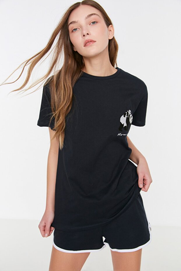 Lacivert %100 Pamuklu Panda Baskılı Bol Kalıp Şortlu Örme Pijama Takımı THMSS22PT00005 - 3