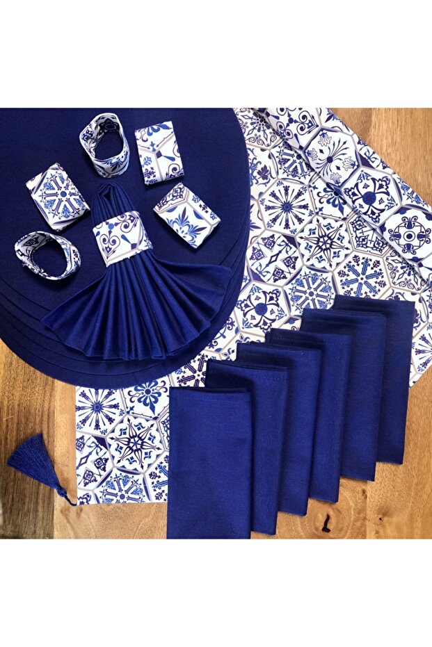 American Service, Blue Hexagon 6 Plates, 6 Napkins, 6 Napkin Rings and Runner Tk4
