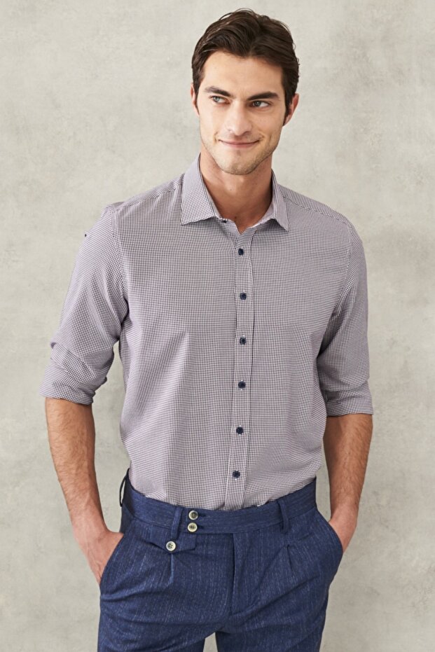 Men's White-burgundy Slim Fit Narrow Cut Classic Collar Dobby Shirt