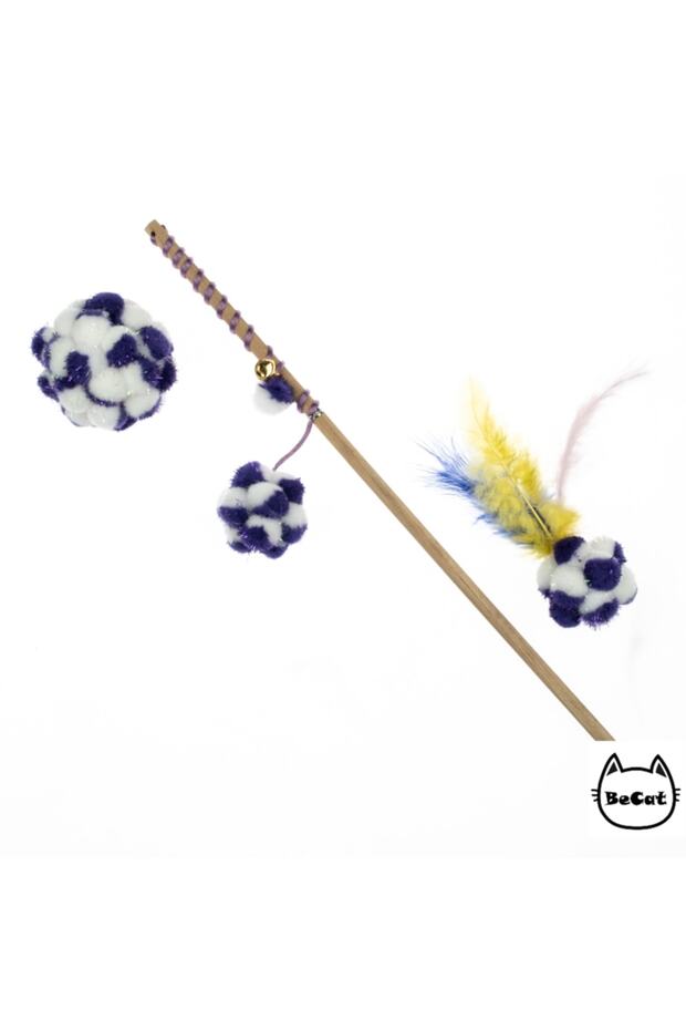 Cat Toy Set - Pompom Sound Cat Fishing Rod and Play Balls - Purple