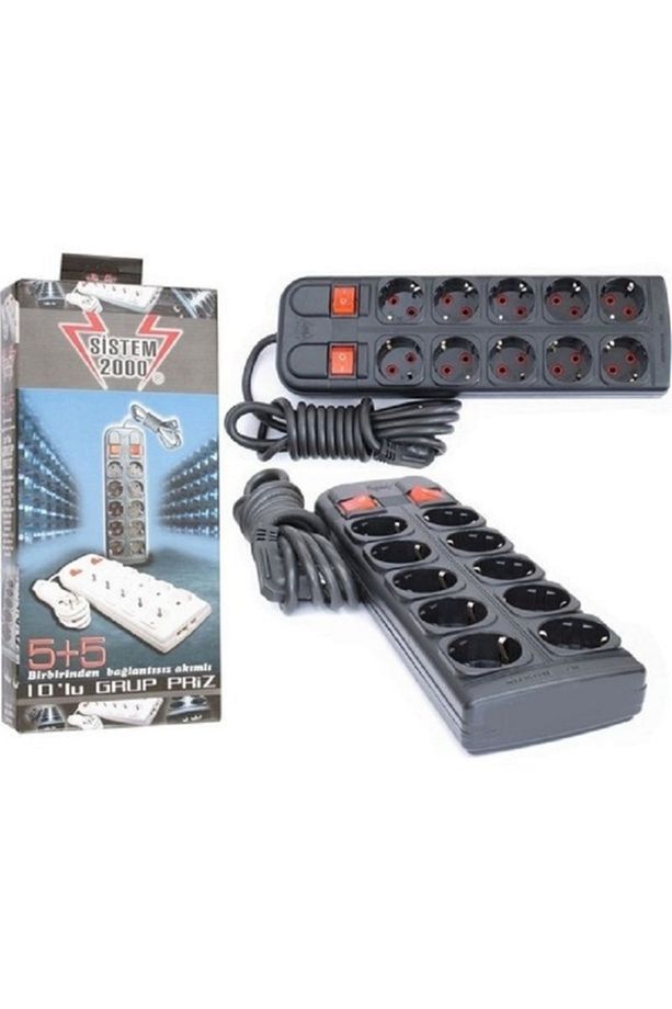 Sistem 2000 Siyah 5+5 10lu 5 Metre Kablolu Anahtarlı Grup Priz - 1