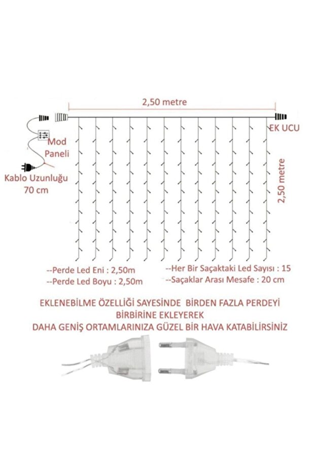 2.5 X 2.5 Metre 8 Fonksiyonlu Perde Led 12 Saçaklı 180 Ledli Kablolu Fişli Eklenebilir - 4