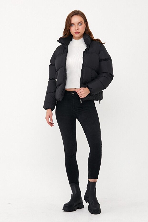 Kadın Siyah Oversize Şişme Mont - 5