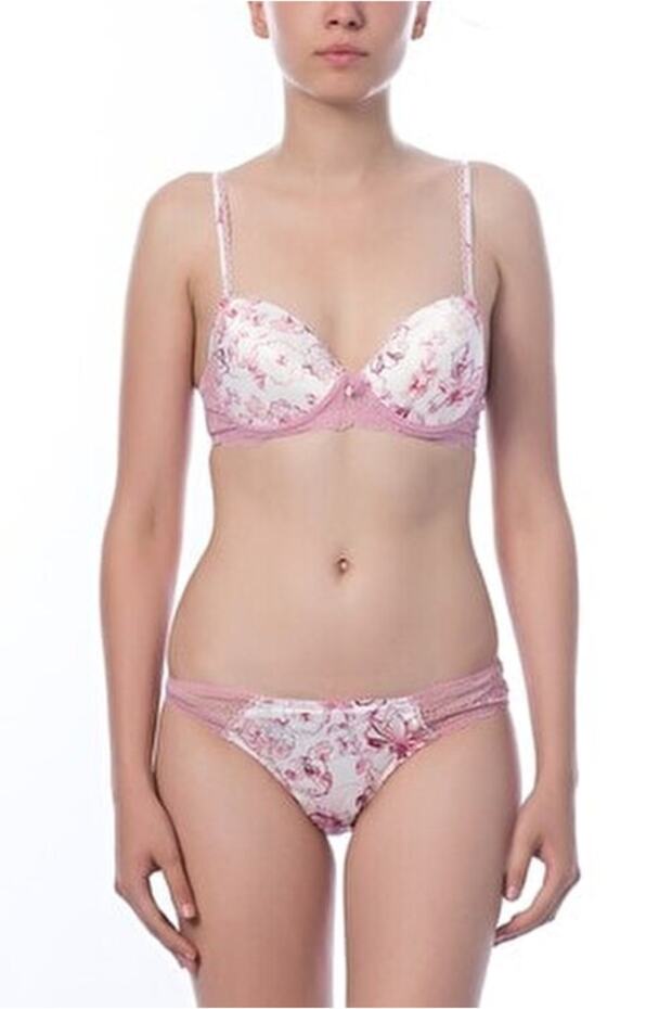 Women's White Pink Soft Cap Half Supported Patterned Bra Panties Set
