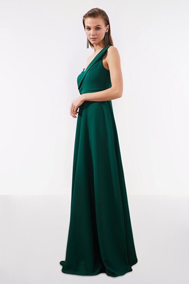 Smaragdově zelené dlouhé večerní večerní šaty s výstřihem do A TPRSS19UT0054 - 7