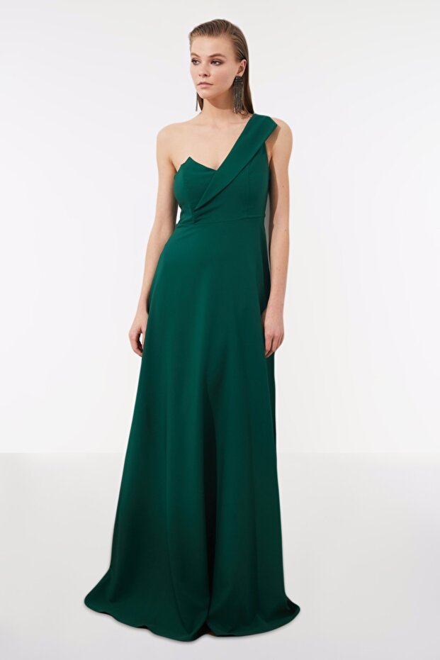 Smaragdově zelené dlouhé večerní večerní šaty s výstřihem do A TPRSS19UT0054 - 8