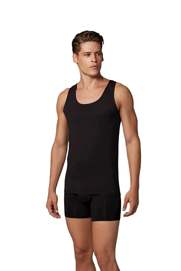 قميص داخلي للرجال من Micro Modal بلون سادة وياقة واسعة 2000 | أسود - 1