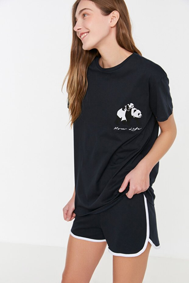 Lacivert %100 Pamuklu Panda Baskılı Bol Kalıp Şortlu Örme Pijama Takımı THMSS22PT00005 - 1