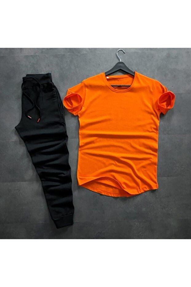 Unisex Oval Cut Slim Fit Orange T-Shirt Black Color Tracksuit Bottom Top Set