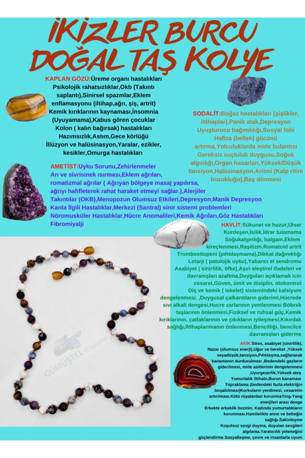 Certified Special Design Gemini Sign Necklace Obsidian Tiger Eye Amethyst Sodalite Howlite