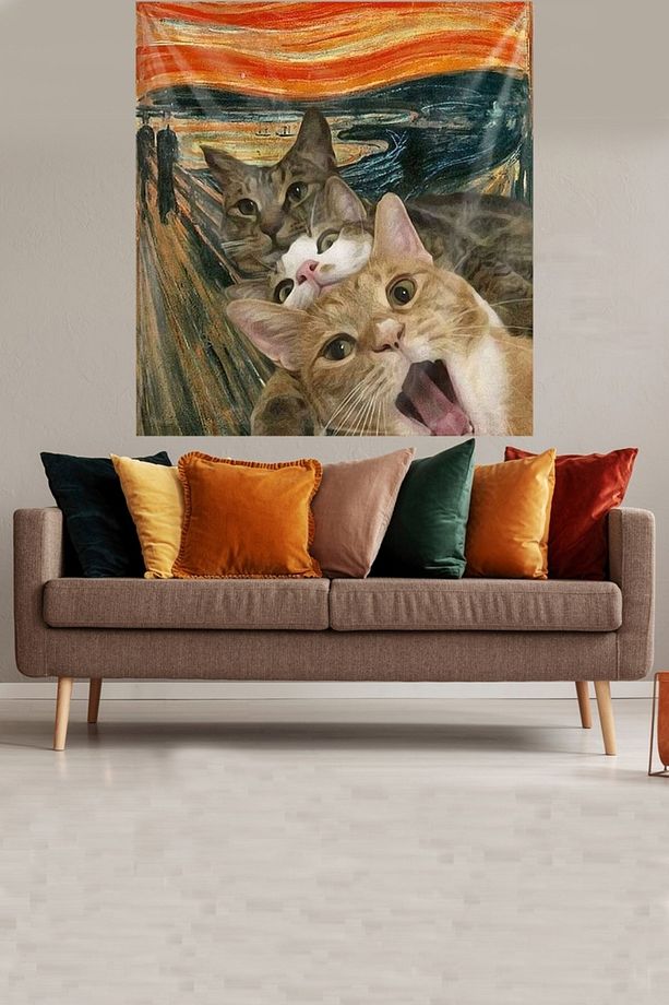 Van Gogh Tablo Üzerinde Kediler Leke Tutmaz Kadife Dokulu Kumaş Duvar Örtüsü Duvar Halısı Tapestry - 1