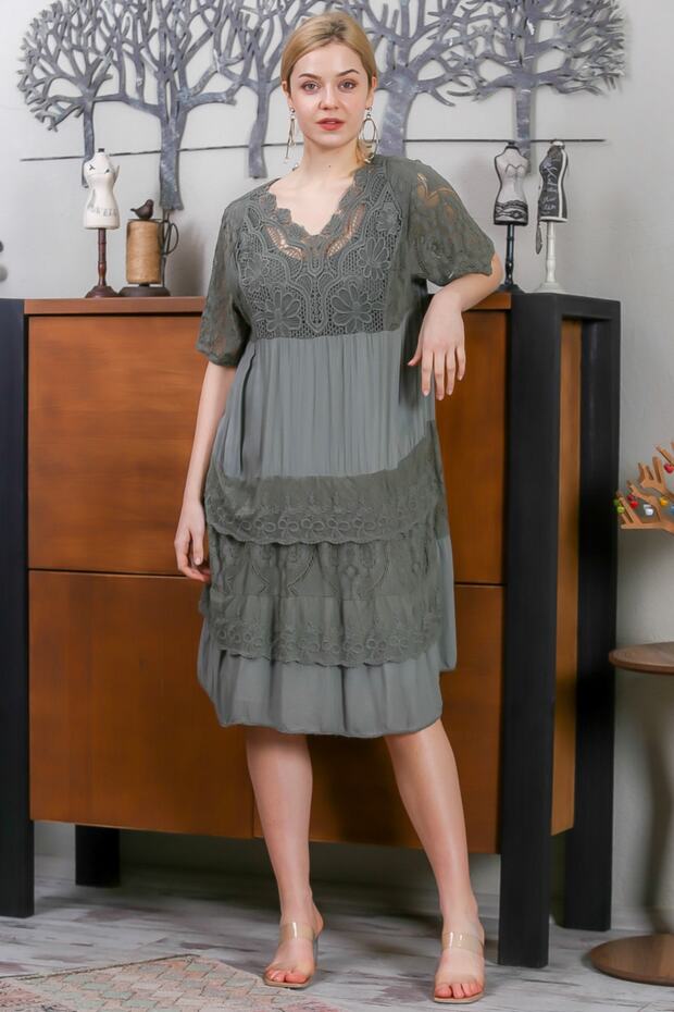 Women's Khaki Italian Robe Sleeves Skirt Lace Detailed Lined Midi Dress M10160000EL93731