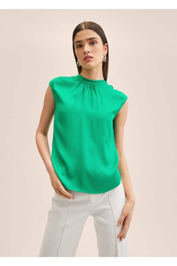 Düğmeli Saten Bluz - 1