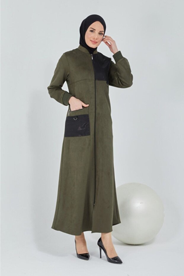 Scuba Suede Square Detailed Green Overcoat with Pockets