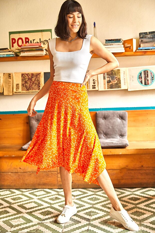 Women's Orange Asymmetrical Patterned Skirt ETK-19000122