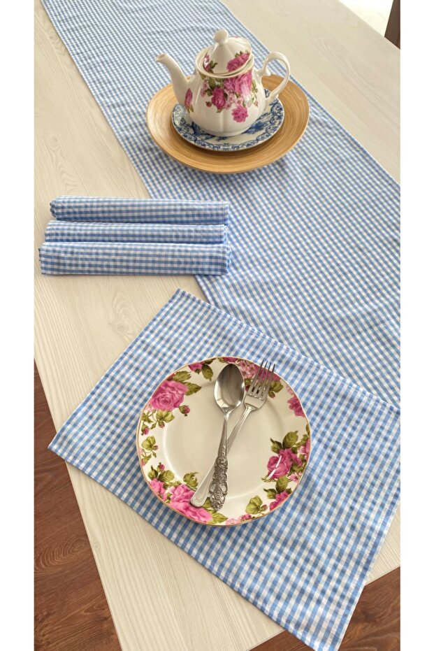 مجموعة عداء ومفرش طاولة من القماش القطني باللون الأزرق - 1