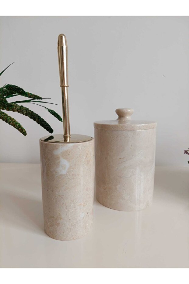 Decorative Natural Beige Marble WC Brush and Trash Can