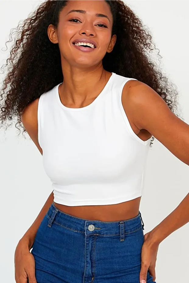 Kadın Ekru Sıfır Yaka Scuba Dalgıç Kumaş Spor Crop Top - 2