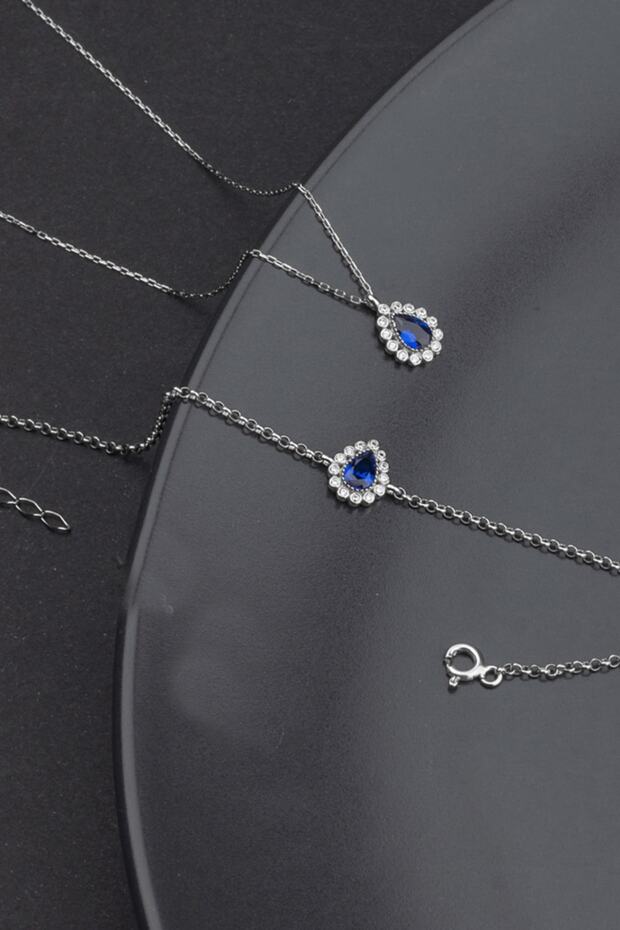 925 Ayar Gümüş Damla Safir Model Kolye Ve Bileklik Takı Seti - 2