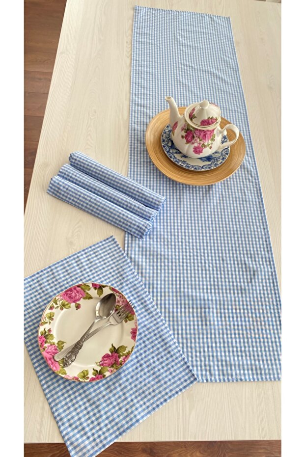 مجموعة عداء ومفرش طاولة من القماش القطني باللون الأزرق - 2