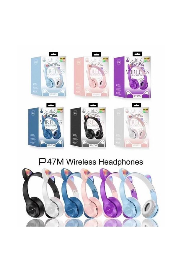 Bluetooth Kedi Kulaklık P47m Katlanabilir Sd Kart Girişli Mikrofonlu Kablosuz Led Işıklı Kulaklık - 4