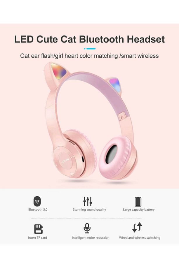 Bluetooth Kedi Kulaklık P47m Katlanabilir Sd Kart Girişli Mikrofonlu Kablosuz Led Işıklı Kulaklık - 6