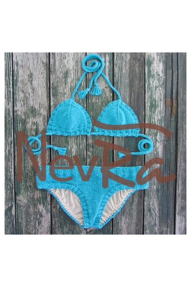 El Örgüsü Örgü Bikini Takımı Astarlı Mavi - 3