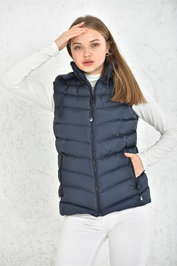 Unisex Navy Blue Micro Gel Filling Removable Zippered Hooded Inflatable Vest