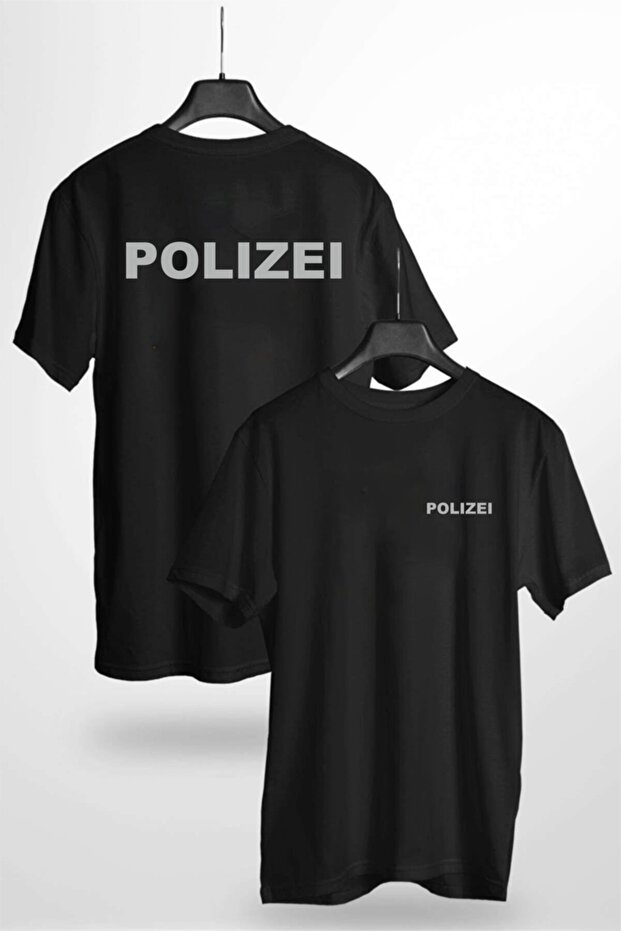 تيشيرت أسود مطبوع عليه عاكس Polizei يلمع في ضوء الليل