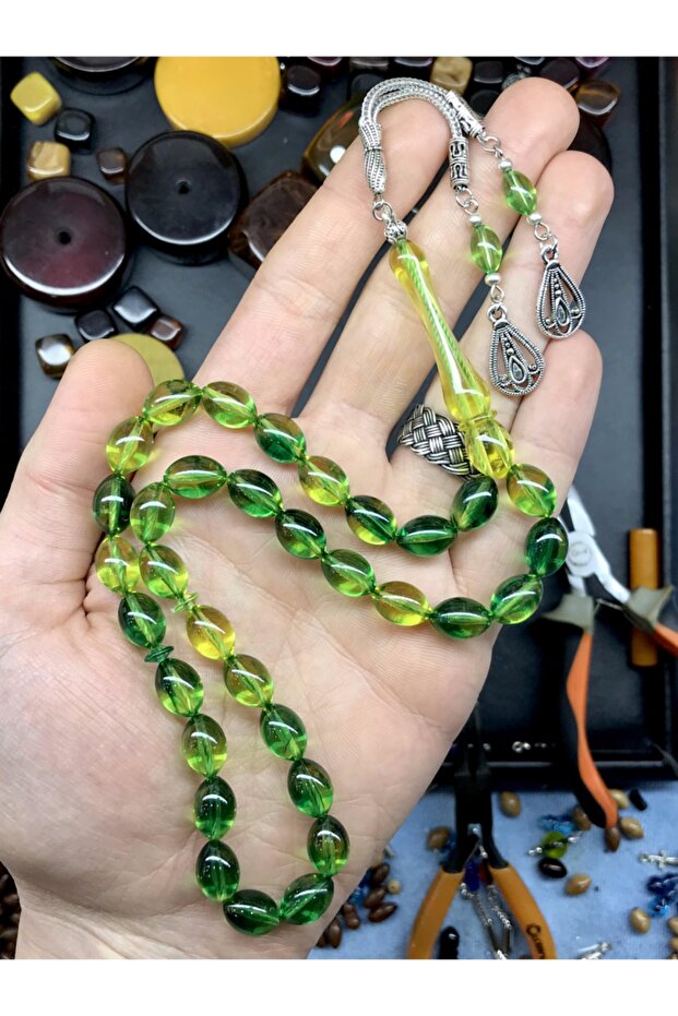 Barley Cut Green Transparent Moire Wooden Boxed Powder Amber Prayer Beads