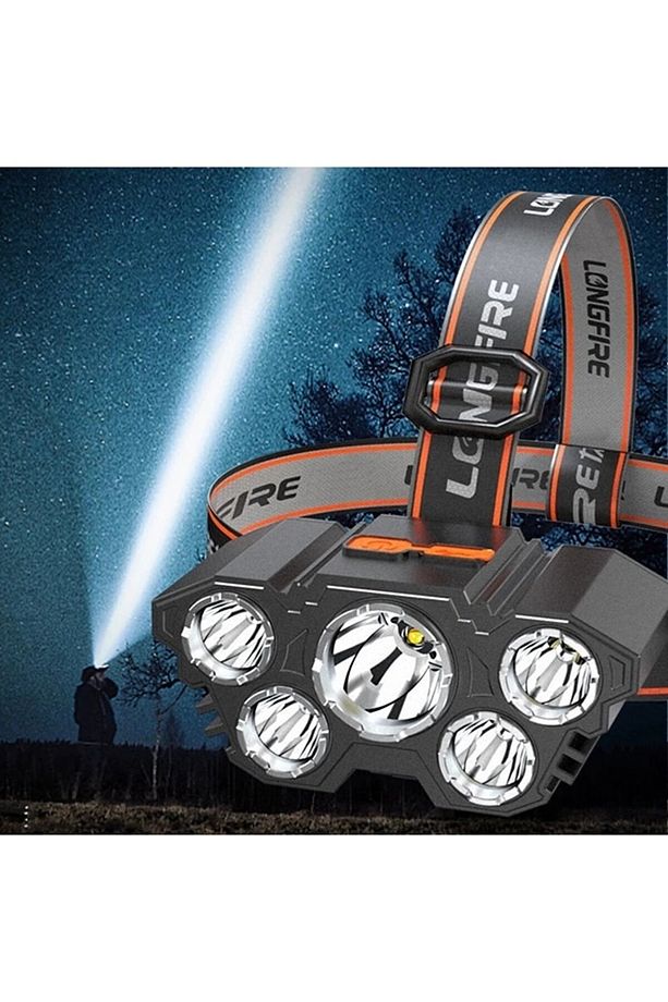 150w Ultra Güçlü Led Şarjlı 5 Led 5x Cree Led Kafa Feneri Avcı Feneri Balıkçı Kamp Feneri 5baslikli - 5