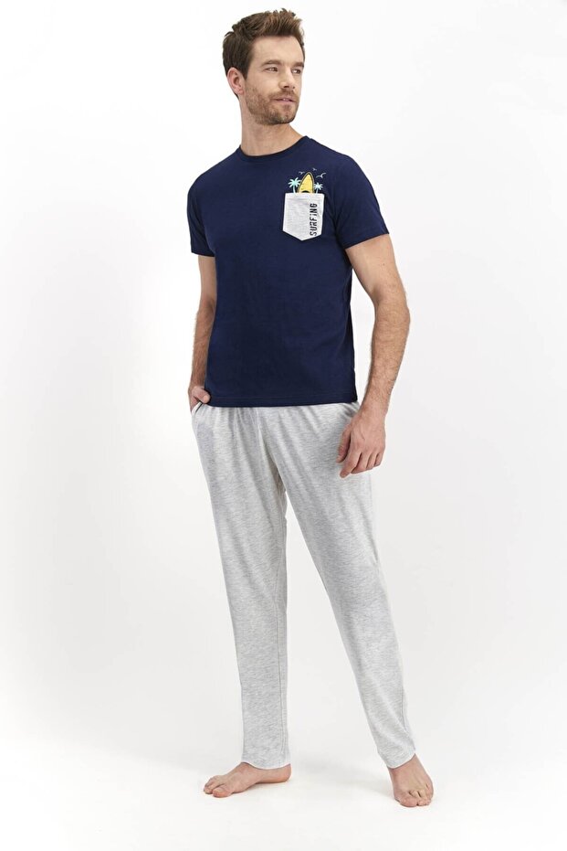 Erkek Kısa Kol Uzun Pantolon Pijama Takımı - 1
