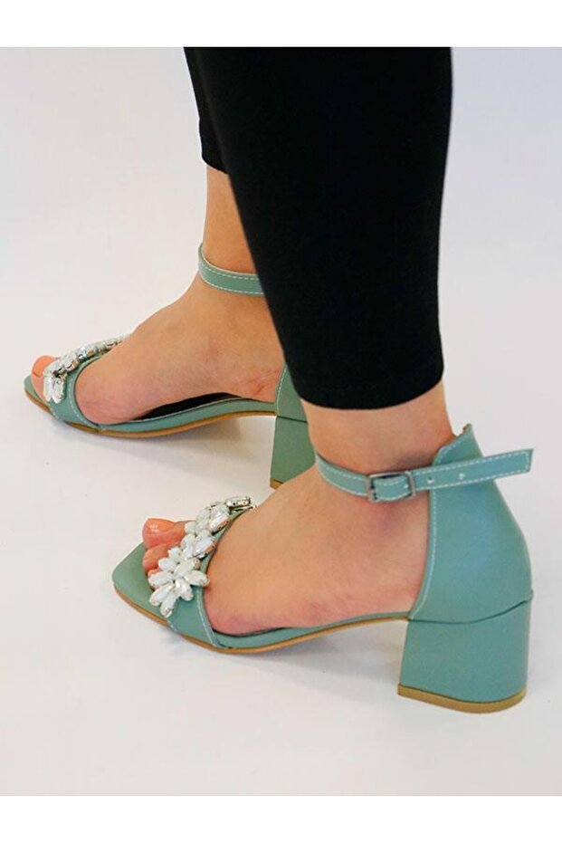 Blomma Çiçek Desenli Tek Bant Topuklu Ayakkabı Su Yeşili - 2