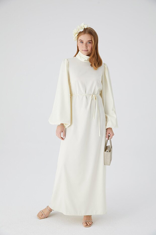 Saténové večerní šaty s balonovým rukávem Ecru - 7