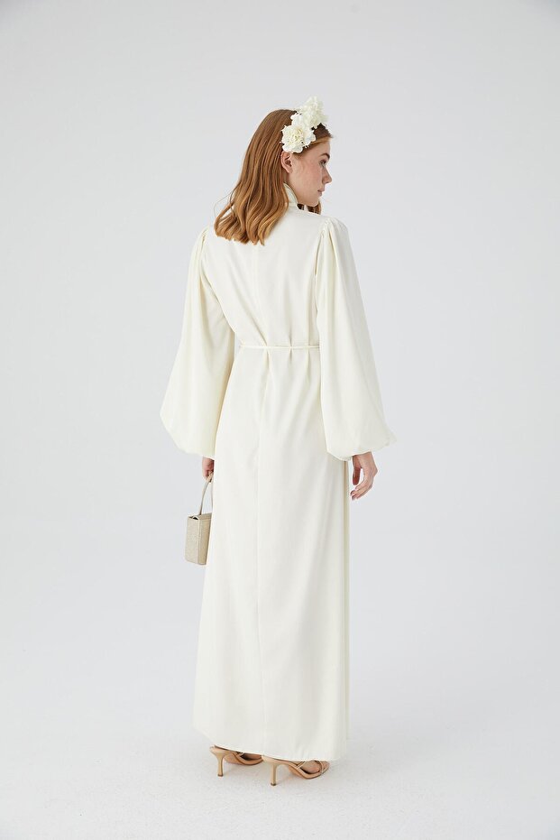 Saténové večerní šaty s balonovým rukávem Ecru - 8