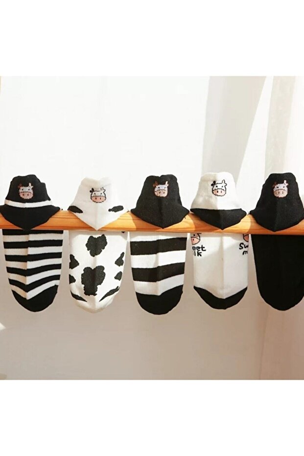 5 Pairs Cow Embroidered Cotton Booties Socks Set