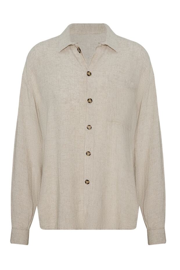 Beige Buttoned Oversize Linen Shirt with Pockets 2yxe2-45929-25